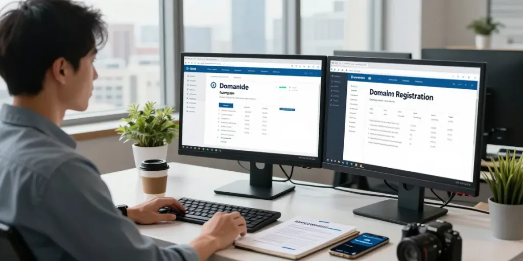 Domeinregistratie proces met IT-specialist in moderne kantooromgeving, professionele uitstraling.