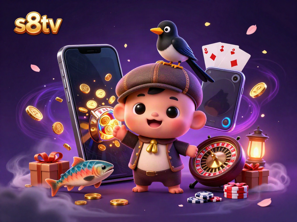 Engage with exciting features at s8tv through a vibrant 3D illustration with casino themes.