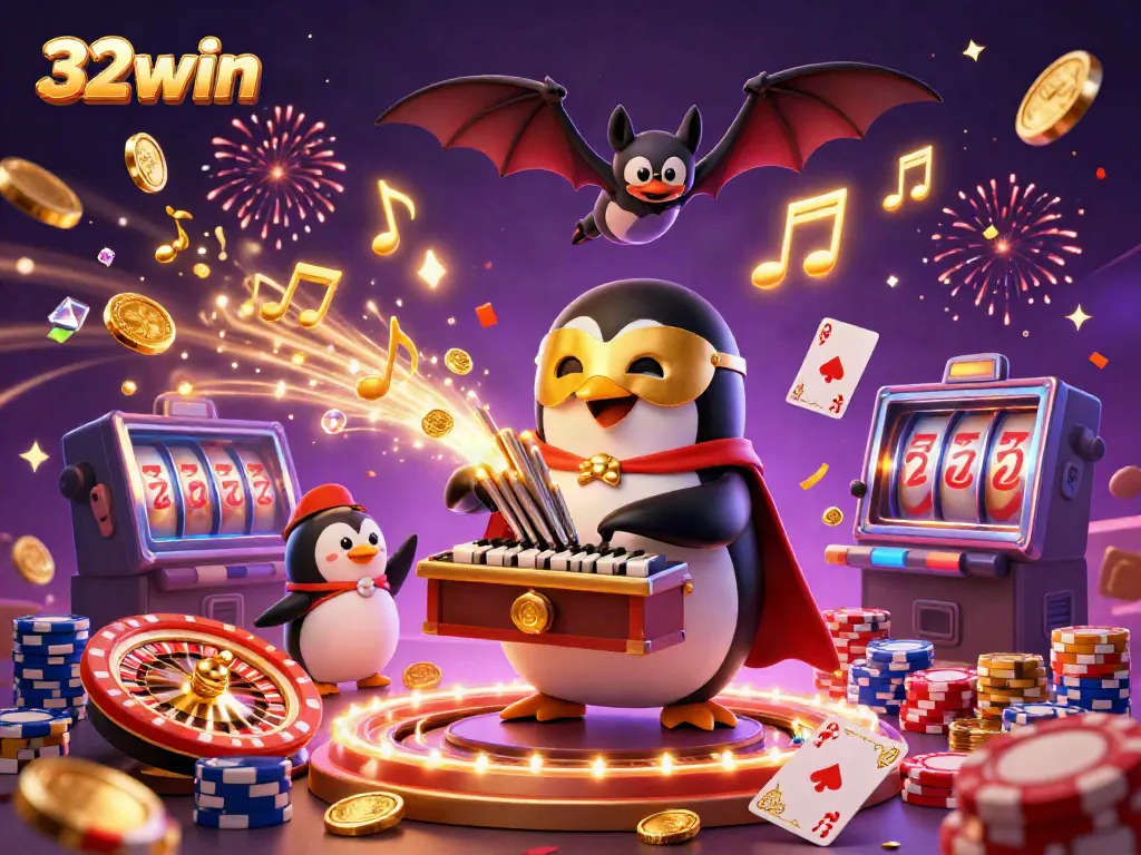 Experience excitement with 32win as a golden opera penguin plays the organ, showering coins.