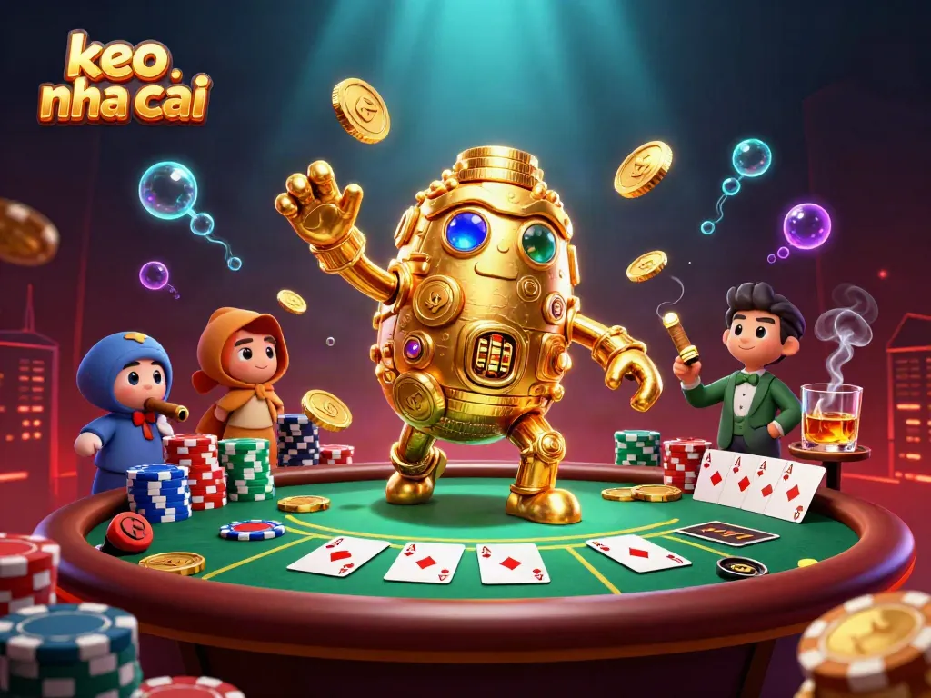 Engage in thrilling gameplay with keo nha cai as a golden golem and poker elements fill the scene.