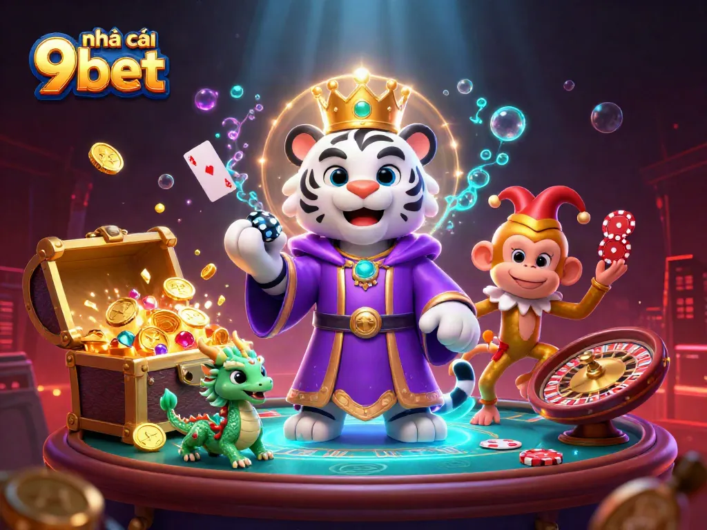 Engage with nhà cái 9bet's vibrant 3D casino scene featuring iconic gaming characters and elements.