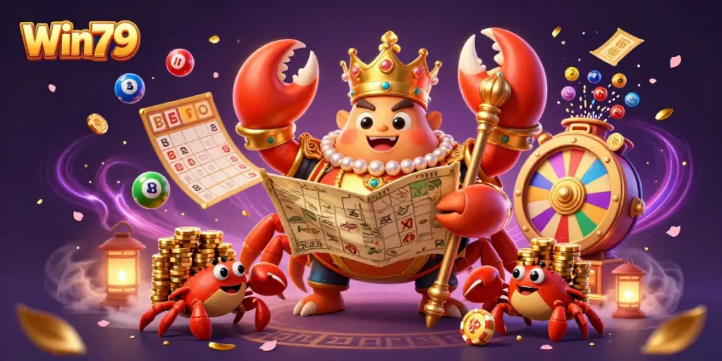 Win79 enormous crab emperor celebrates wins with dynamic lottery elements in vibrant setting.
