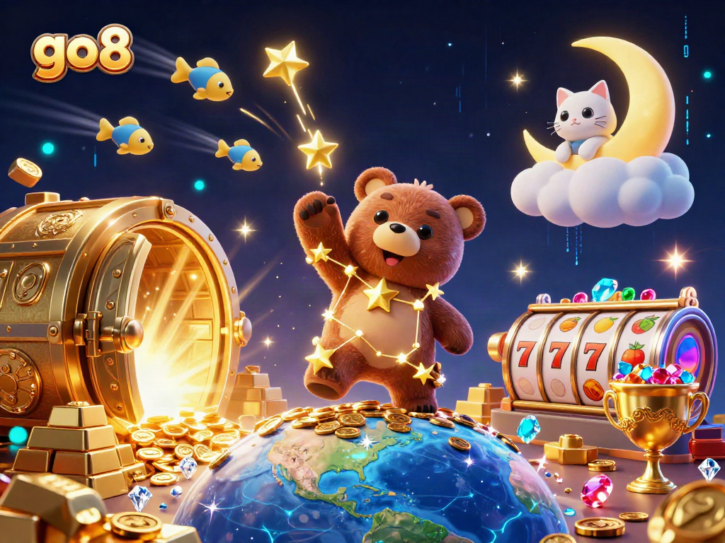 Engage with go8's vibrant casino scene showcasing a constellation bear scooping coins amidst slot reels.