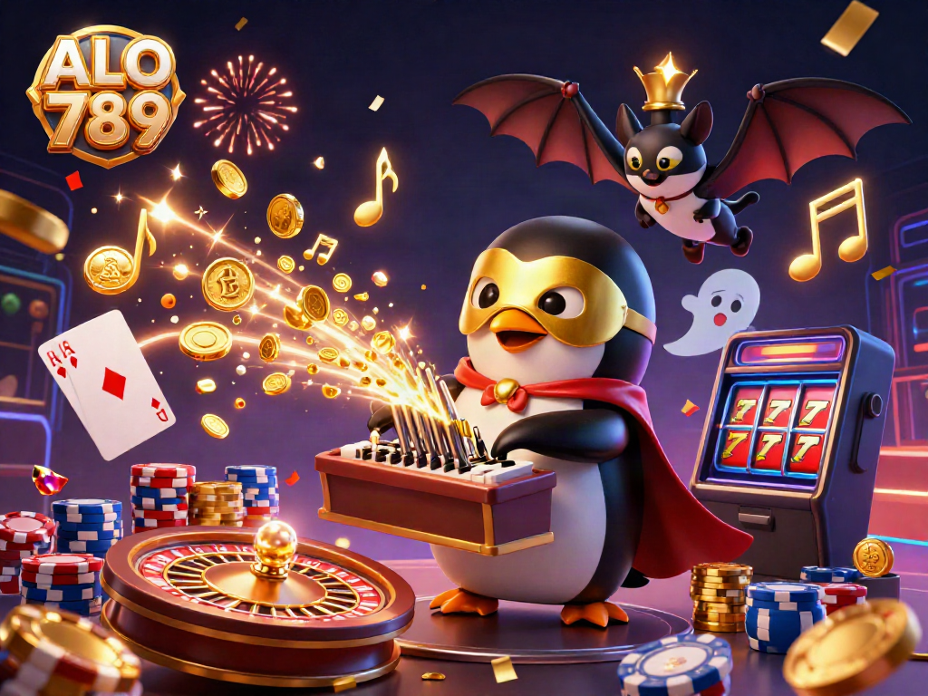 Experience the excitement of ALO 789 with a vibrant casino scene filled with golden coins and gaming elements.