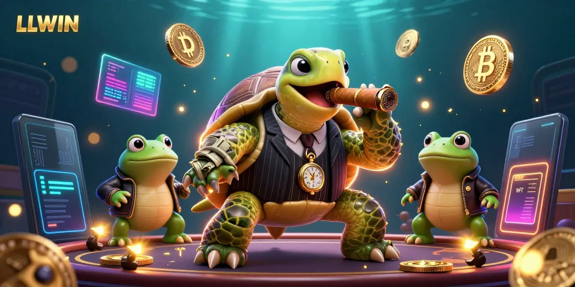 LLWIN turtles in suits light up the casino scene with crypto elements and vibrant colors.