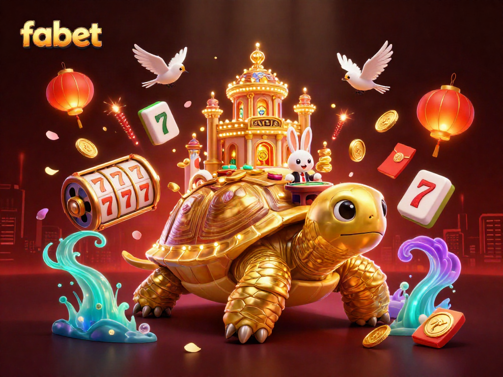 Experience fabet with colorful slot reels and a vibrant casino scene featuring a golden tortoise.