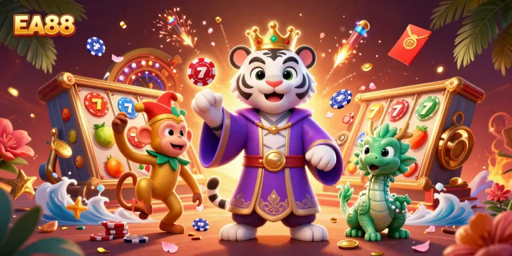 Engage with EA88 through thrilling slot games, as a white tiger, monkey, and jade dragon create a lively casino scene.