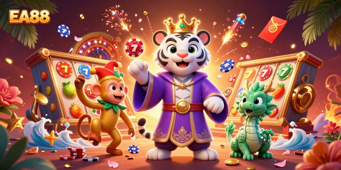 Engage with EA88 through thrilling slot games, as a white tiger, monkey, and jade dragon create a lively casino scene.
