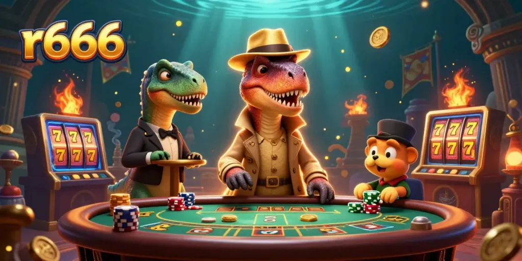 Experience thrilling gameplay at r666 with unique anthropomorphic characters in a captivating casino scene.