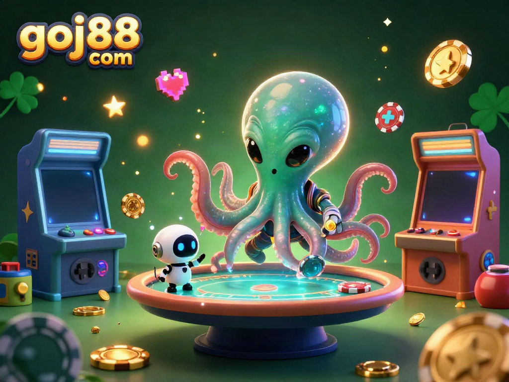 Experience the thrilling action of goj88 com with an alien octopus at a holographic poker table.