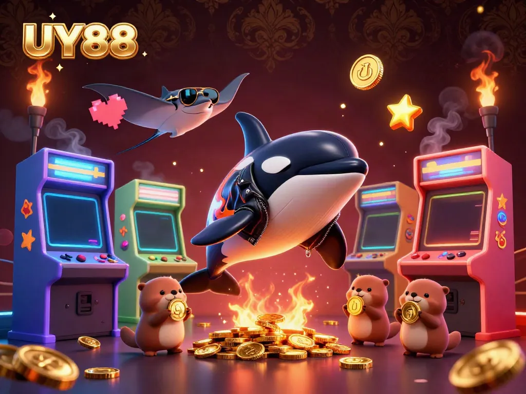 Experience thrilling fun at UY88 with a vibrant 3D illustration featuring an orca, stingray, and otters in a dynamic gaming scene.