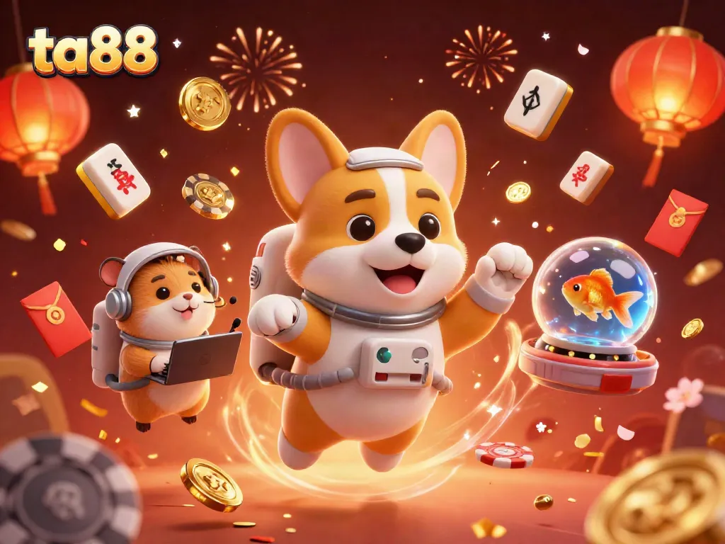 Spin the reels at ta88 with a floating corgi and vibrant casino elements in space.