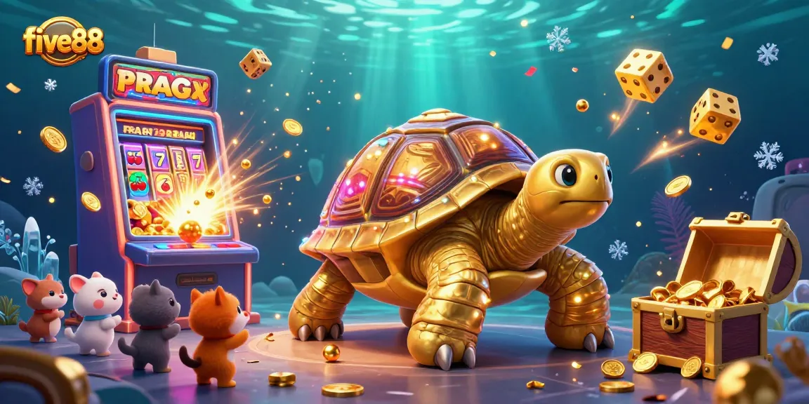 Experience thrilling gameplay with five88 at this vibrant 3D casino scene featuring a golden tortoise, jackpot slot machine, and fun characters.
