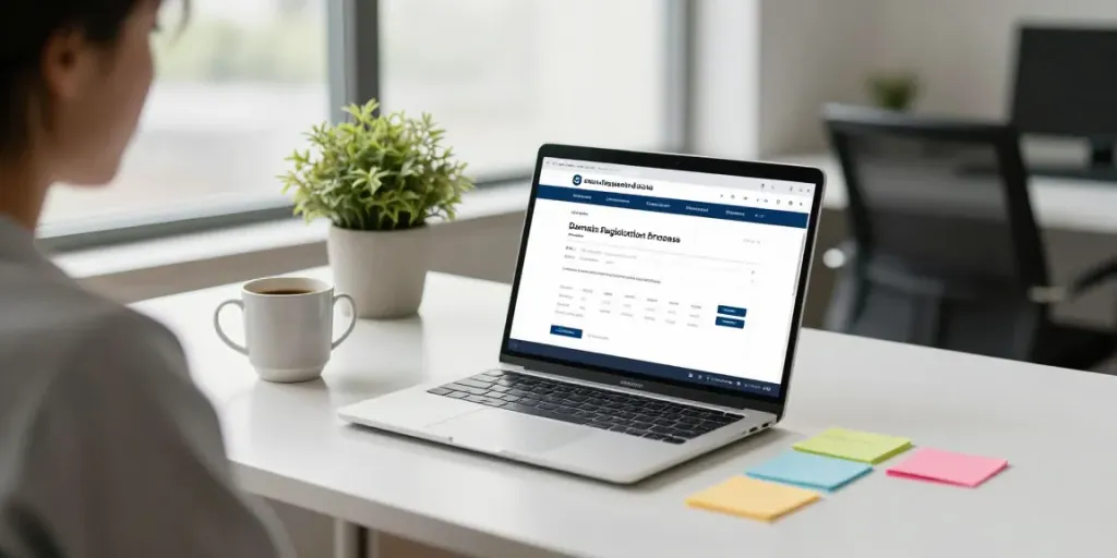 Domeinnaam registreren in een moderne werkruimte, laptop met registratie-interface.