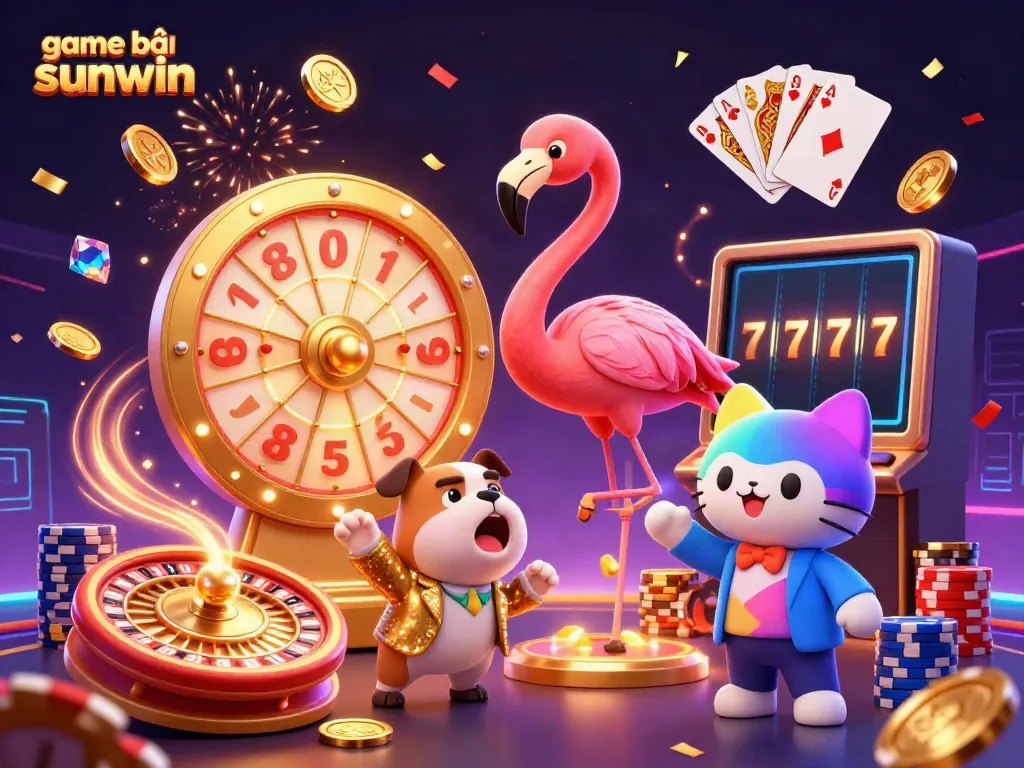 Exciting scene with game bài sunwin characters celebrating winnings in a colorful casino atmosphere