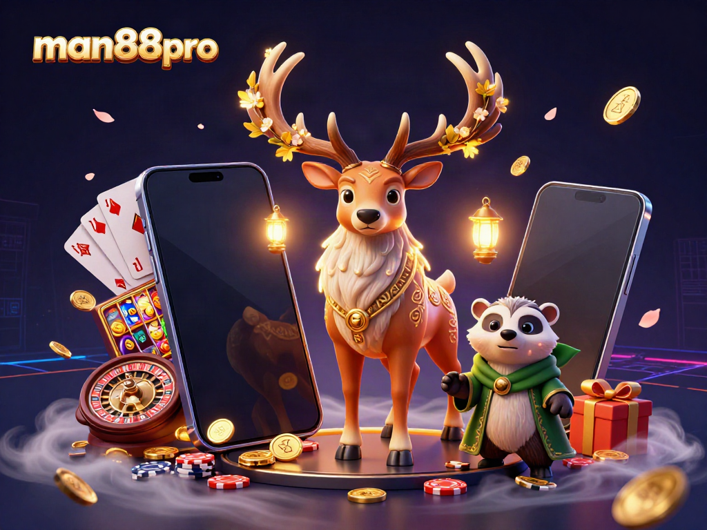 Experience excitement with man88pro's vibrant gambling scene showcasing a druid stag, wise badger, and colorful slot games.