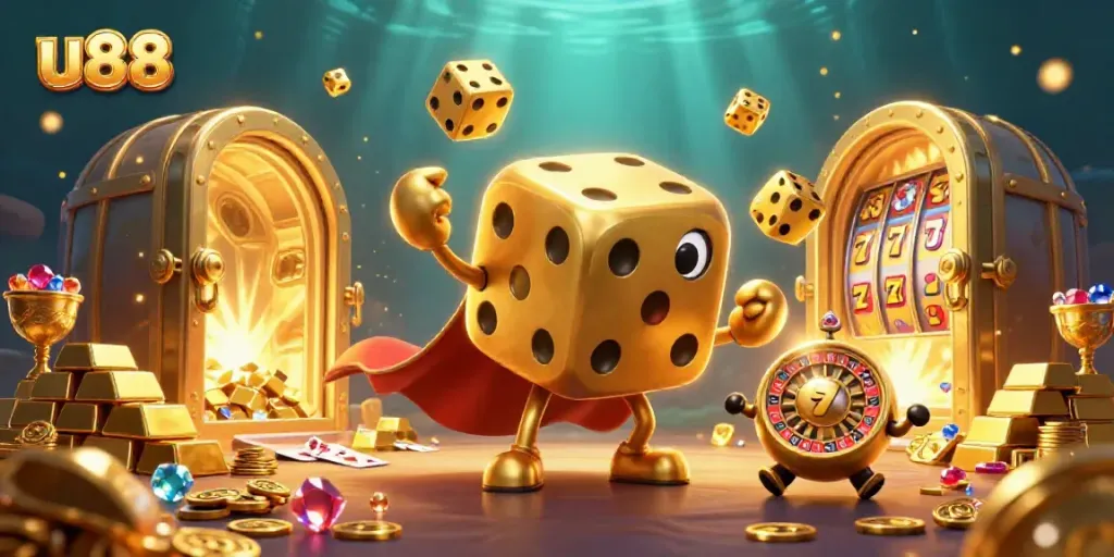 Experience thrilling gameplay at u88 with a dynamic scene of golden dice and treasures.