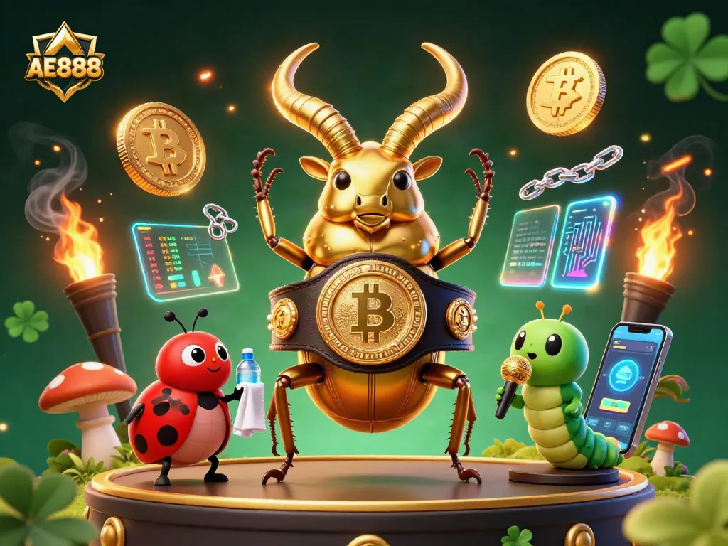 Engage in thrilling AE888 gaming with a golden stag beetle champion in a vibrant casino scene.