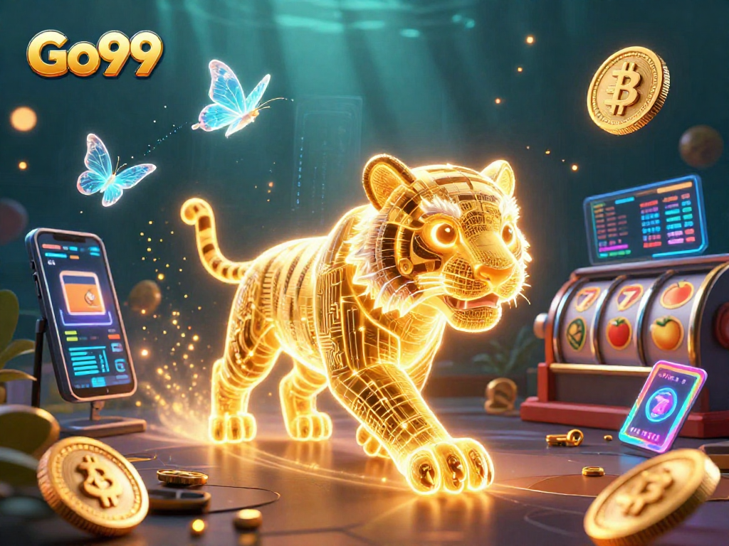 Engage with Go99's exciting casino adventures featuring a neon tiger and holographic elements.