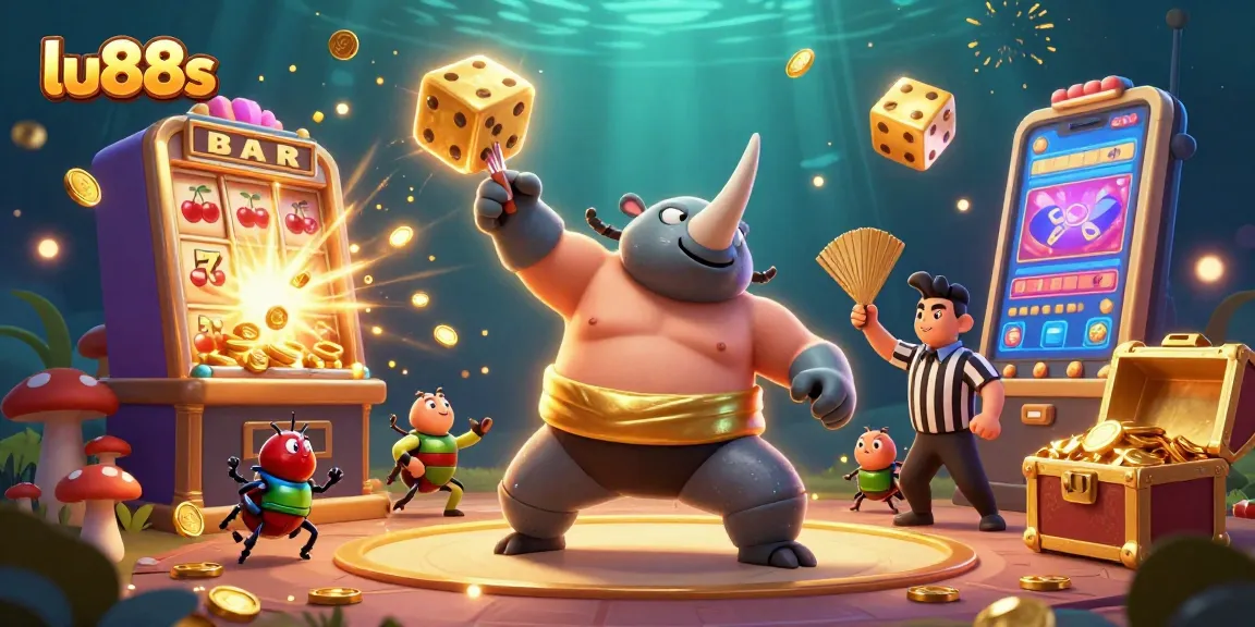Experience the excitement of lu88s with a cartoon rhinoceros beetle champion gaming amidst overflowing jackpots and vibrant casino elements.