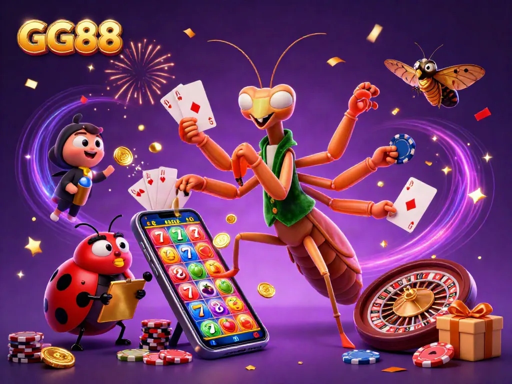 Engage with GG88's vibrant casino scene featuring a cartoon mantis card sharp and a ladybug pit boss.