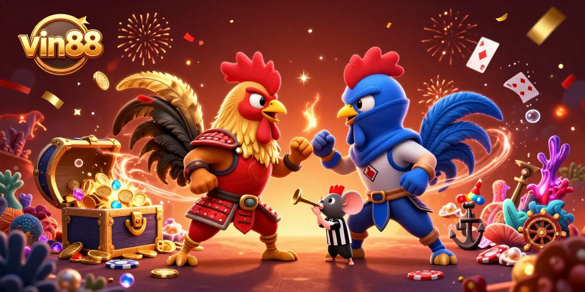Experience thrilling gameplay with vin88's dynamic 3D illustration of rooster fighters amid casino elements.