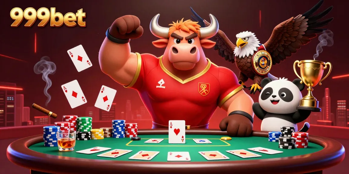 Engage with 999bet's thrilling online casino experience featuring a victory pose from a bull mascot.