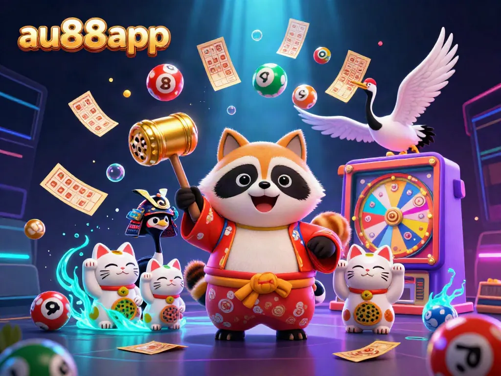Engage with exciting wins at au88app through a vibrant scene of a lucky tanuki, illuminated lottery balls, and festive atmosphere.