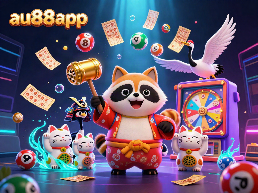 Engage with exciting wins at au88app through a vibrant scene of a lucky tanuki, illuminated lottery balls, and festive atmosphere.