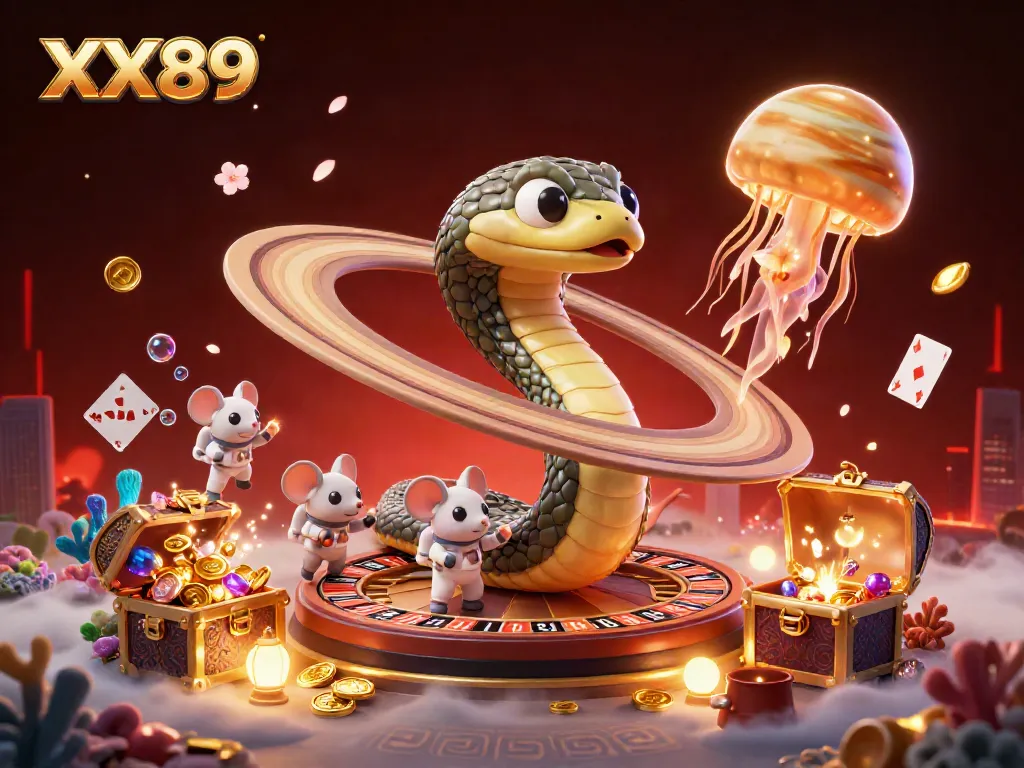 Experience the vibrant gaming action at XX89 with a cosmic roulette scene featuring astronaut mice and a jellyfish dealer.