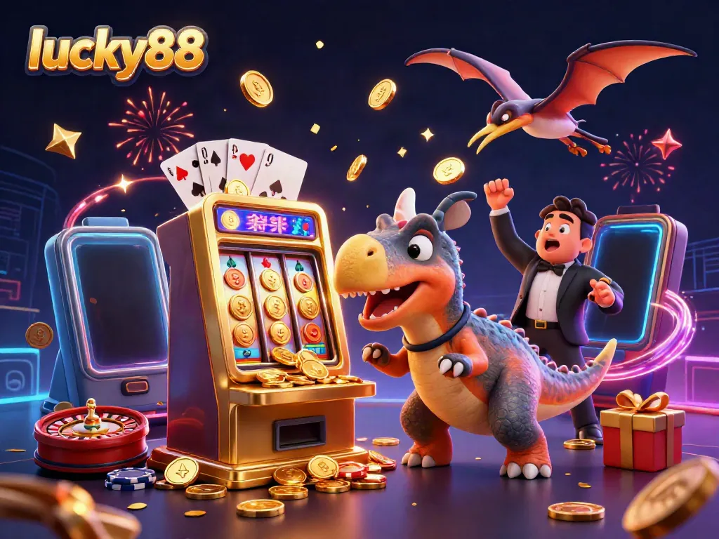 Lucky88 features a dynamic scene with fun characters, highlighting jackpots and casino excitement.