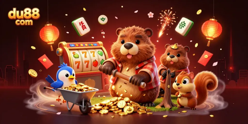 Win big with du88 com in a vibrant 3D casino scene filled with gold coins and lucky symbols.
