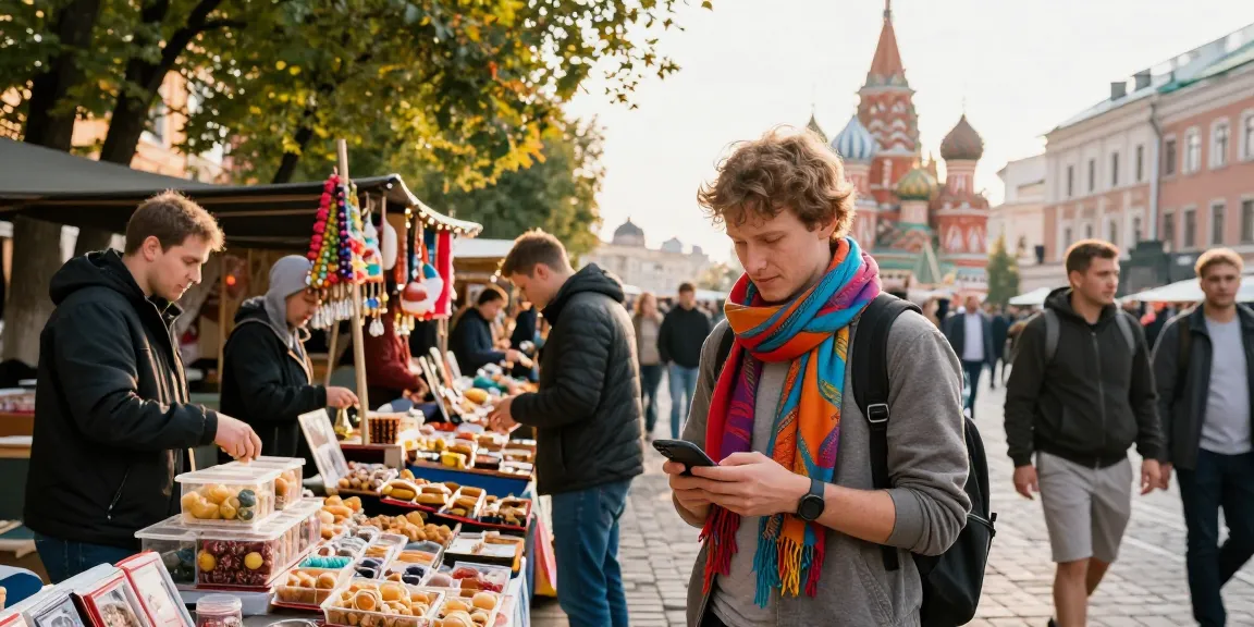 Verkenning van een levendige markt in Moskou met Pay in Russia, lokale producten en toeristen.