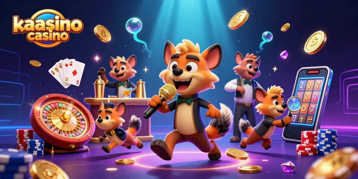 Kaasino casino invites players to enjoy a vibrant illustration featuring hyenas in a dynamic casino scene with engaging games.