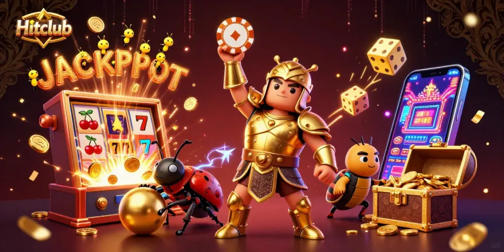Hitclub's exciting jackpot features a hercules beetle celebrating with golden chips in a vibrant casino scene.
