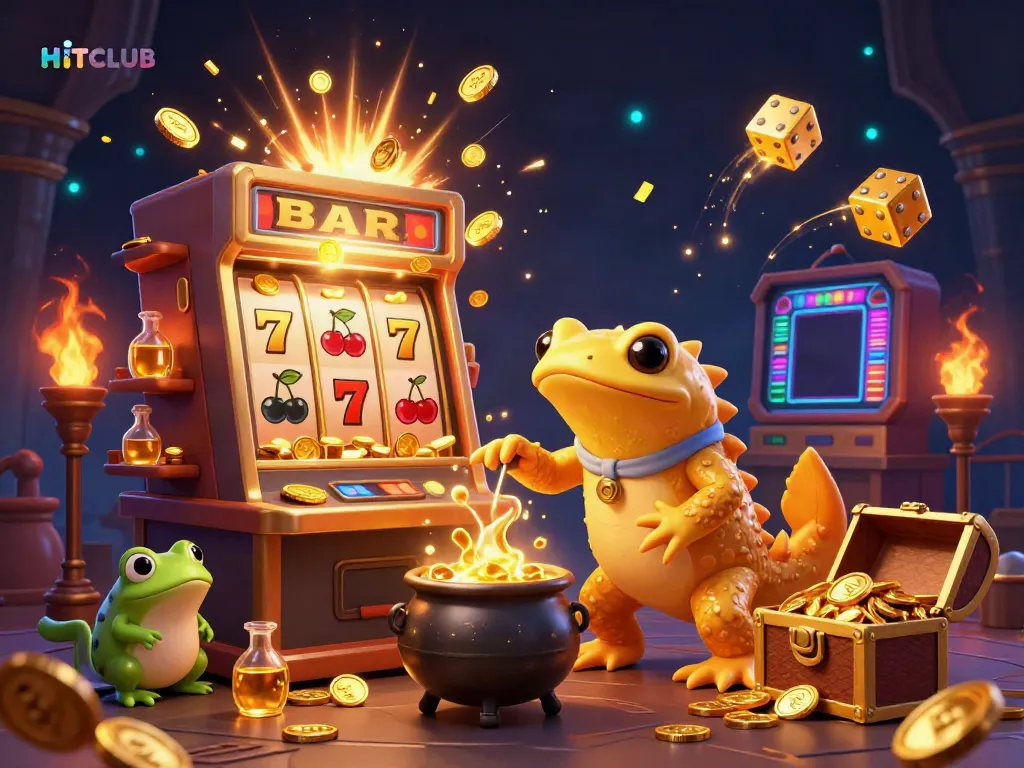 Experience HITCLUB's vibrant casino scene with golden elements and interactive games!