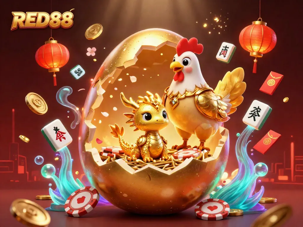Engage with rich gaming experiences at RED88 featuring a vibrant, fantasy scene with a golden dragon among casino elements.
