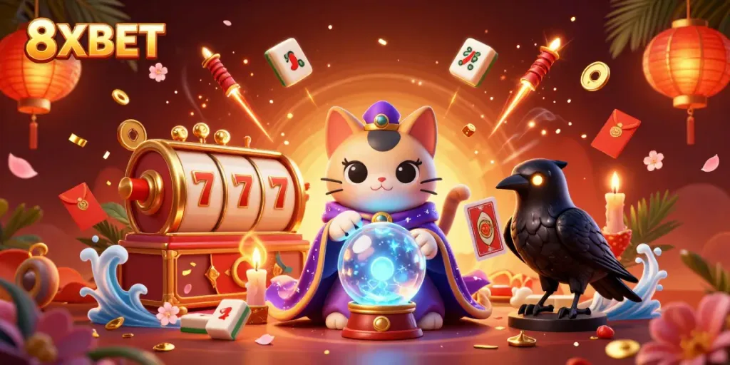 Engage with thrilling 8XBET slot games alongside mystical characters in a vibrant casino scene.