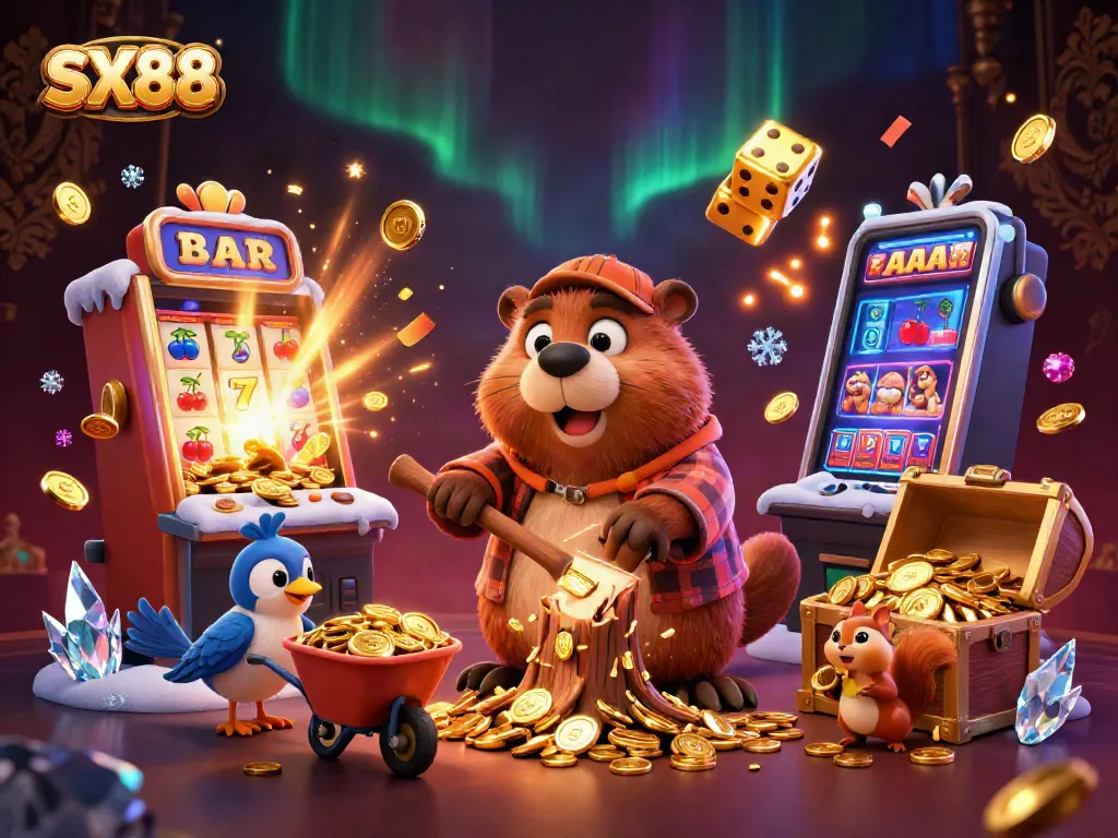 SX88 showcases a cartoon beaver and companions celebrating a casino jackpot among vibrant slot machines.