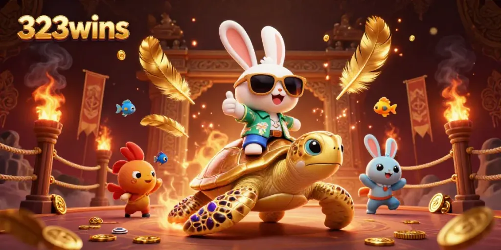 Experience excitement at 323wins with a lucky rabbit, golden turtle, and vibrant casino elements.