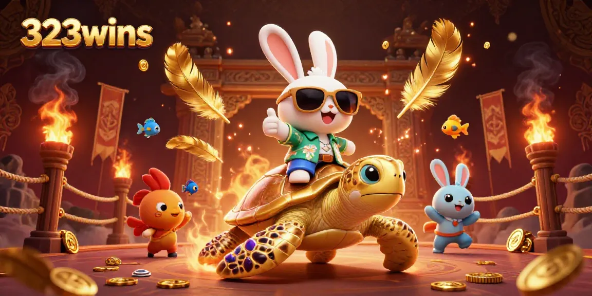 Experience excitement at 323wins with a lucky rabbit, golden turtle, and vibrant casino elements.