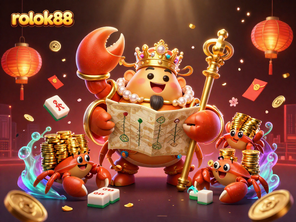 Experience rokok88 with a vibrant illustration of a golden crab emperor amidst casino elements.