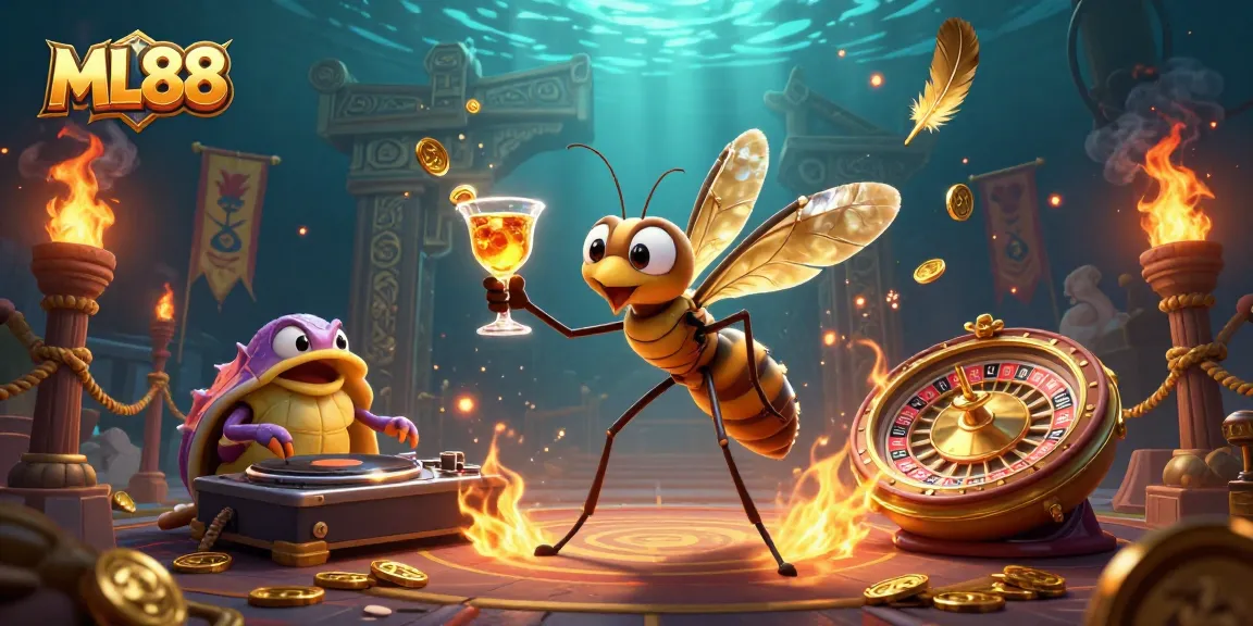 Experience the excitement of ML88 with a vibrant casino-themed illustration featuring unique characters and game elements.