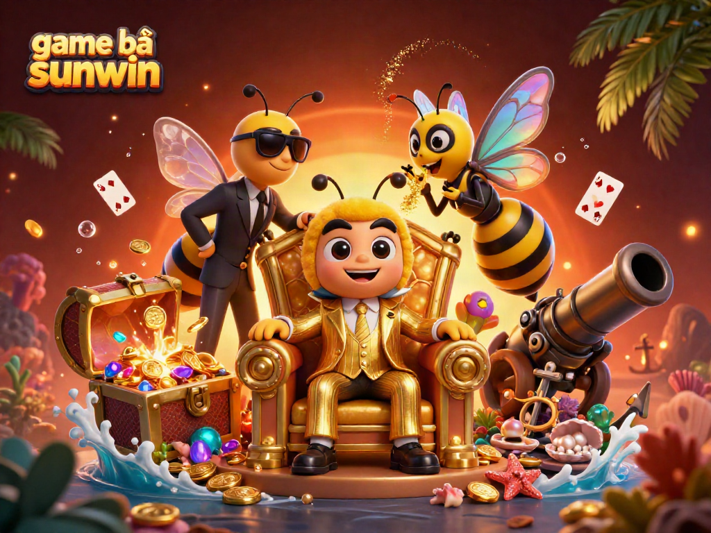Winning strategies with game bài sunwin in a vibrant 3D casino illustration with characters and game elements.
