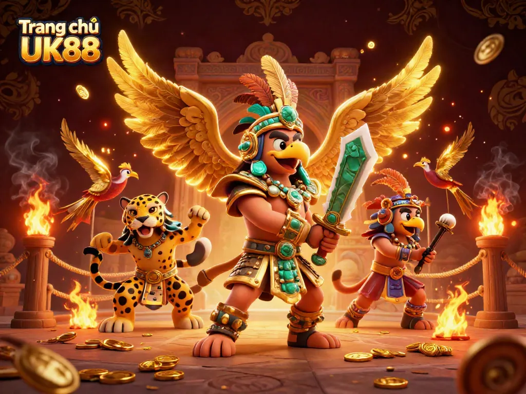 Engage in exciting gameplay at Trang chủ UK88 with Aztec-themed warriors and vibrant game elements.