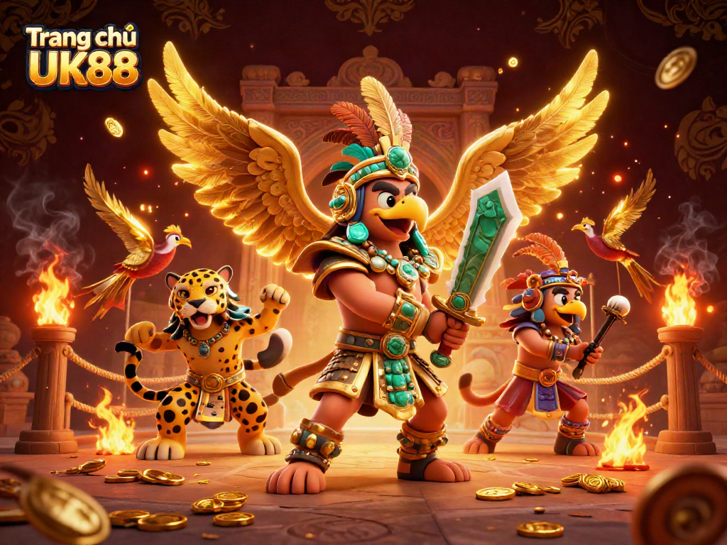 Engage in exciting gameplay at Trang chủ UK88 with Aztec-themed warriors and vibrant game elements.