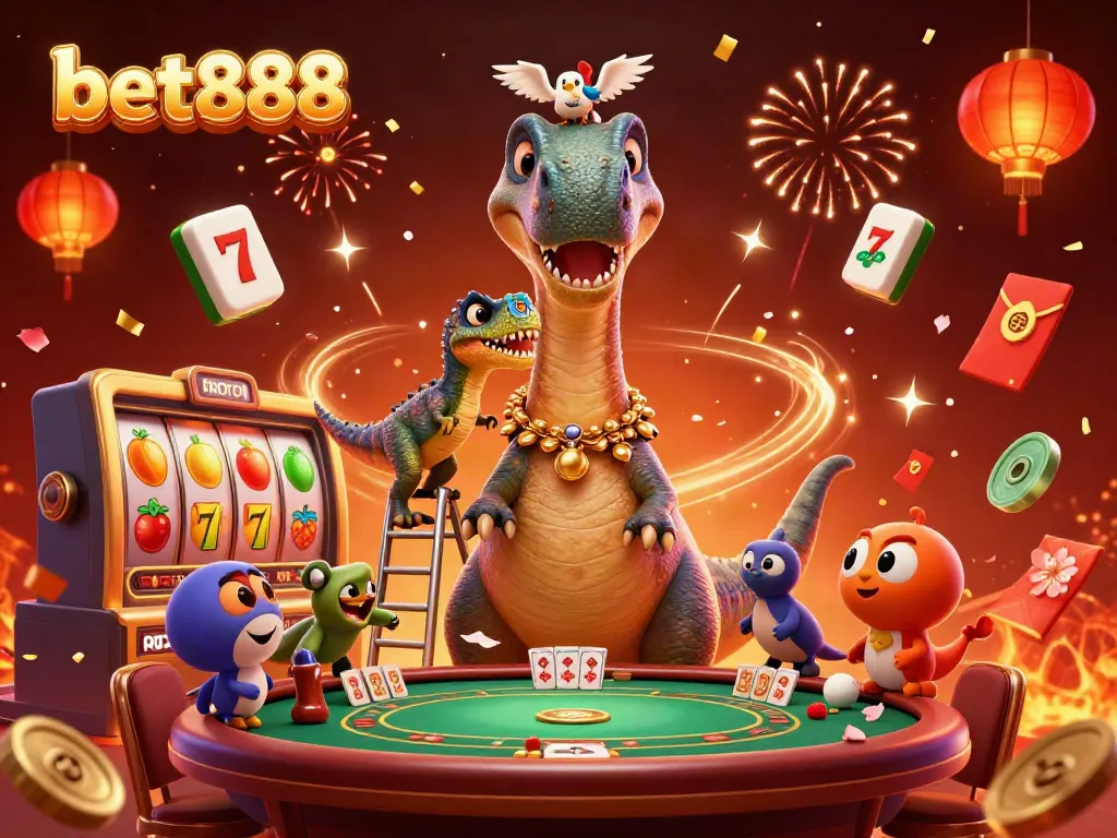 Experience the thrill of bet888 with a whimsical casino illustration featuring a brontosaurus and raptor.