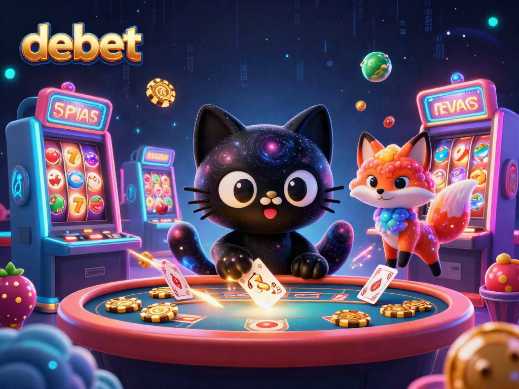 Experience thrilling debet gaming moments with a cartoon cosmic casino filled with vibrant slot machines.