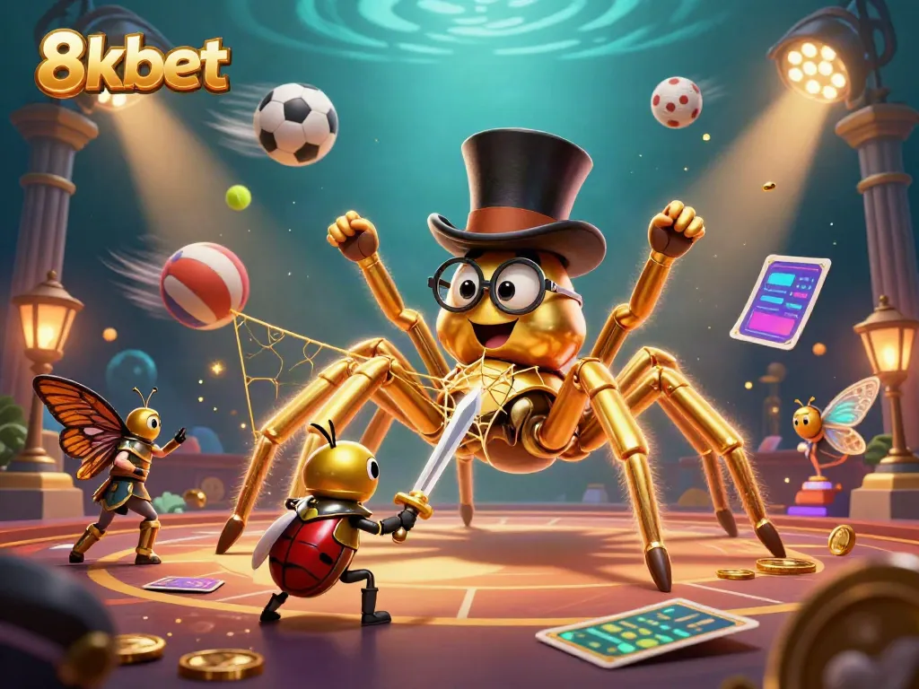 Experience the thrill of 8xbet with a vibrant scene featuring a golden tarantula and beetle knight amidst dynamic sports elements.