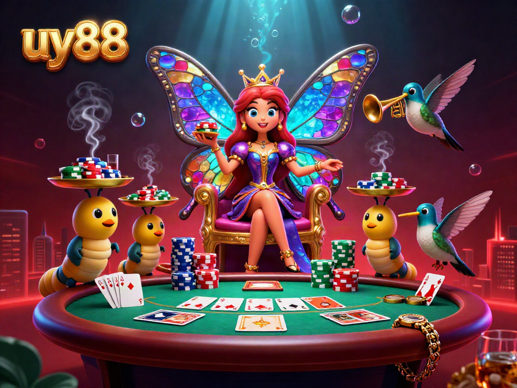 Join the excitement with uy88 at an extravagant casino scene featuring vibrant poker action.